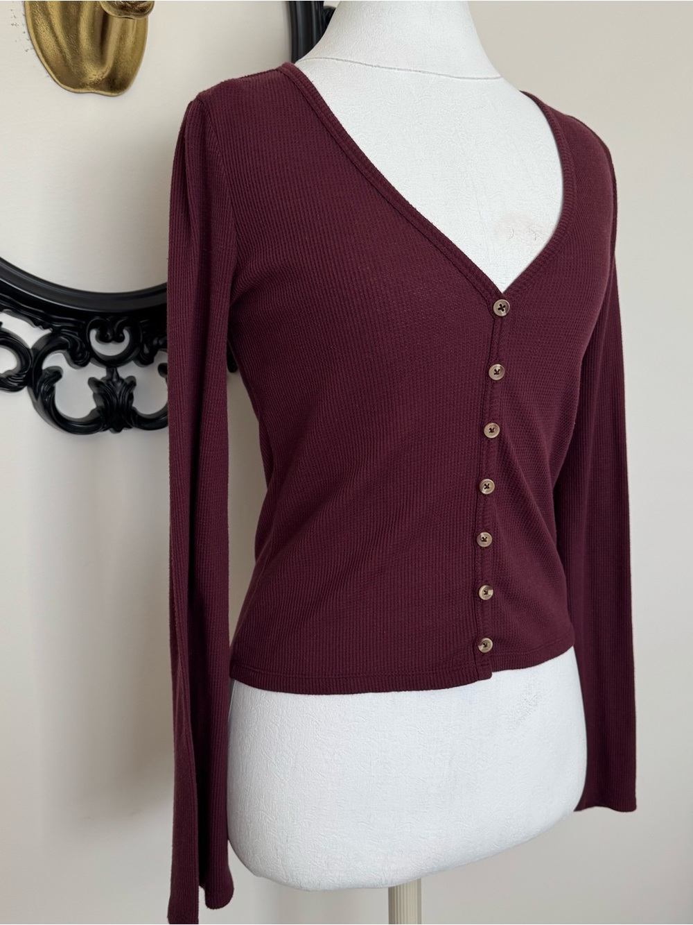 Others Follow Burgundy Ribbed V-Neck Top with Buttons - Picture 2 of 8